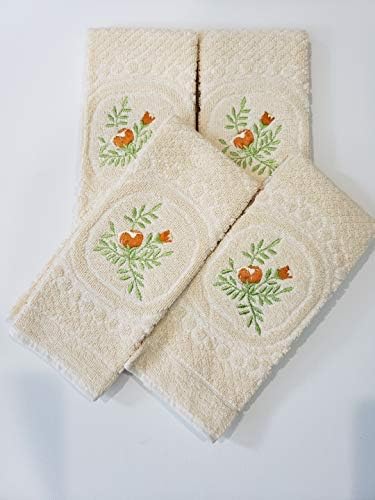 AdonisUSA Set of 4. 100% Cotton Fingertip or Hand Towels. Size 12"x 20" (Beige with Orange Flower Embroidery)
