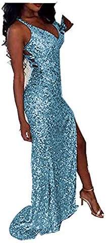 Uryouthstyle Sequins V-Neck Prom Dresses Sparkly Split Bridesmaid Gowns US12 Light Blue