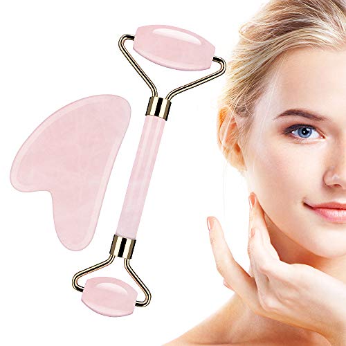 MelodySusie Jade Roller and Gua Sha Tool Set Rose Quartz Gua Sha Scraping Massage Tools Kit Real Anti-aging 100% Natural Facial Lymphatic Drainage Massage Using Traditional Chinese Skincare Tools