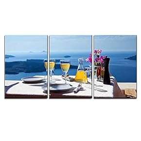 3 Piece Canvas Wall Art - Beautiful Scenery of a Table Above Sea in Greece, Santorini Island - Modern Home Art Stretched and Framed Ready to Hang - 16"x24"x3 Panels