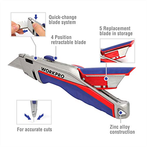 WORKPRO Retractable Utility Knife, Box Cutter with Quickchange Blade Mechanism, Blade Storage