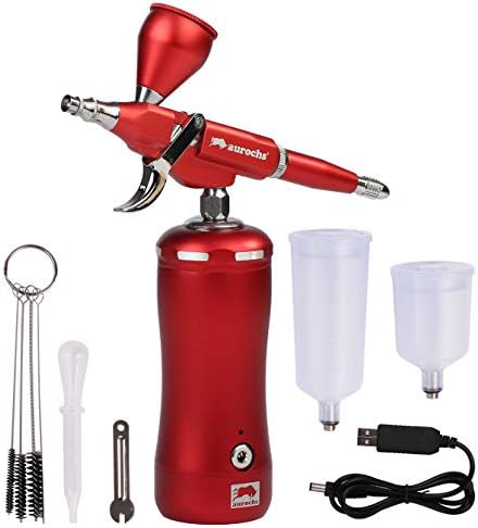 aurochs Airbrush Compressor Set, Ver. 2.0, Trigger Type, Rechargeable, Automatic Power On/Off, Trigger Action, 0.01 inch (0.3 mm), Diameter of 0.01 inch (0.3 mm), Gravity Type, Air Brush, Hand Piece, One-piece, Small, Lightweight, Japanese Instruction Manual Included, DIY Plastic Model, Painting, Nail Paint, Aurora (Ver. 2.0, Trigger/Rick Red)
