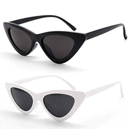YOSHYA Retro Vintage Narrow Cat Eye Sunglasses for Women Clout Goggles Plastic Frame (Black Grey + White Grey)