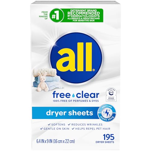 ALL FABRIC SOFTENER DRYER SHEETS FOR SENSITIVE SKIN, FREE CLEAR, 195 COUNT