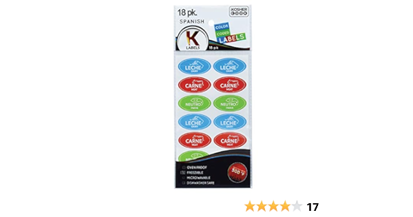 18 Assorted Spanish Kosher Labels – 6 Blue Dairy, 6 Red Meat, 6 Green Parve Stickers -Oven Proof up to 500°, Freezable, Microwavable, Dishwasher Safe ...