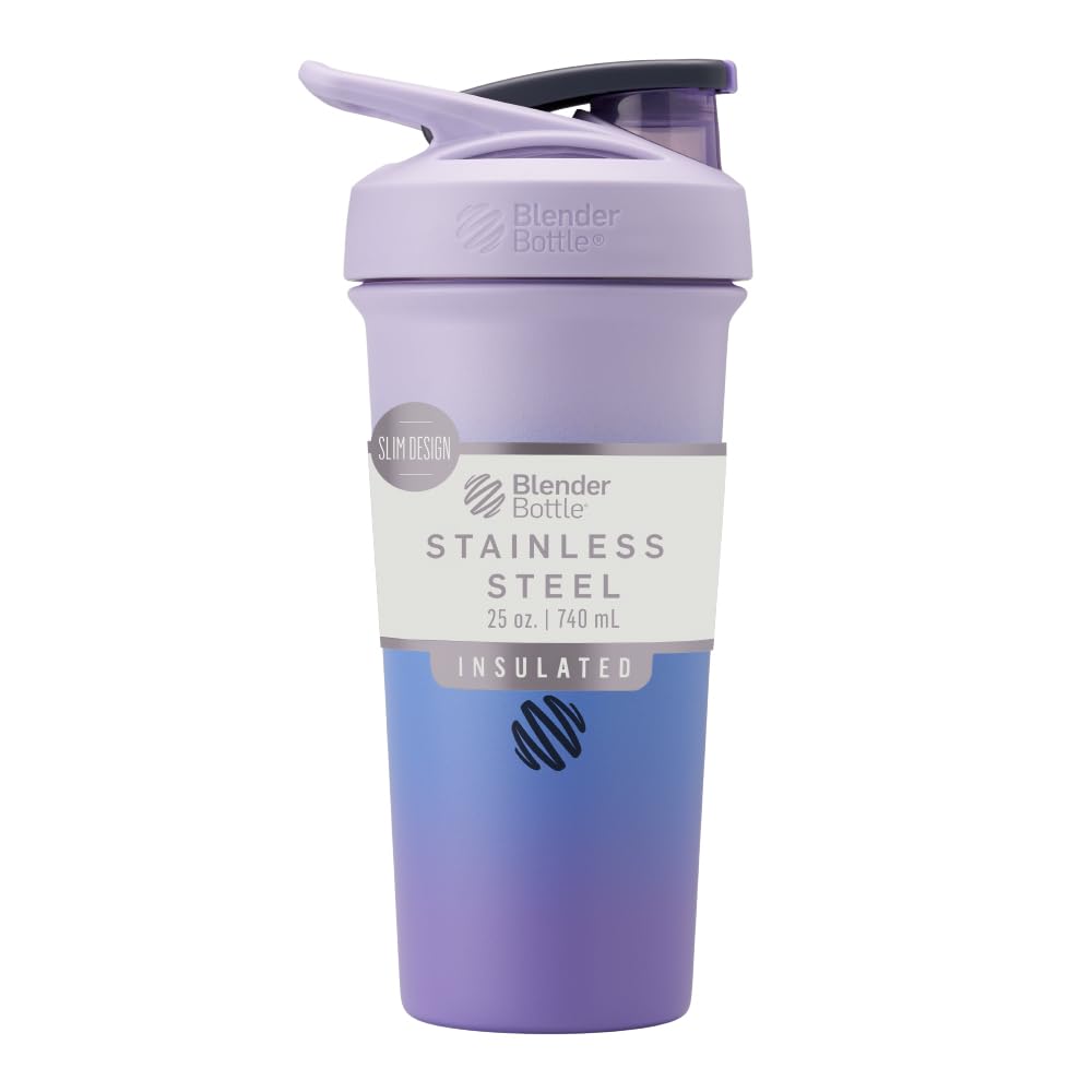 BlenderBottle Strada Sleek Shaker Cup Insulated Stainless Steel Water Bottle with Wire Whisk, 740ml, Lavender Ombre