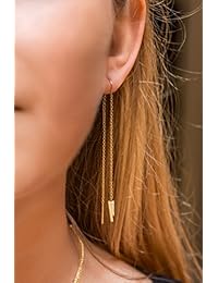 Threader Earrings Turquoise Opal Black Onyx 14k Gold Dagger Threader Earring Dangle Drop Long Chain Earring for Women Nickel   Hypoallergenic Celebrity Approved