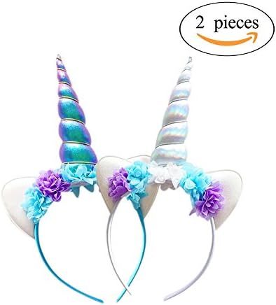 2 Pack Unicorn Headband Shiny Unicorn Horn Ears Flower Headdress For Kids Adults Birthday Party Cosplay Costume