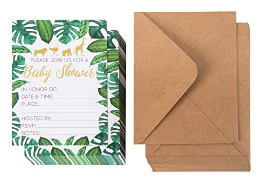 Baby Shower Invites - 36 Fill-in Baby Shower Invitations with Envelopes, Tropical Safari Animal Theme, Green Palm Leaves with Gold Foil Designs, Party Supplies for Gender Neutral and Co-Ed Baby Showers or Parties, 5 x 7 Inches