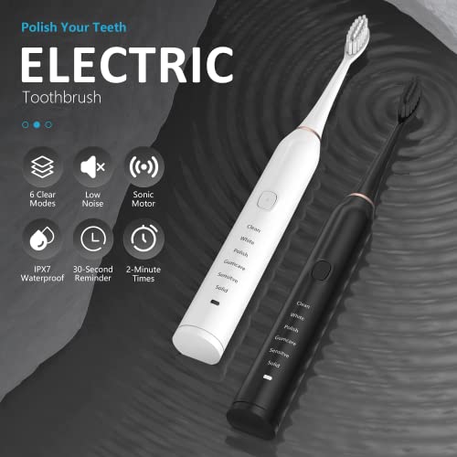 BUBBLE-FLY Two Electric Toothbrushes, Black & White Set Electric Toothbrush, Dual Handle 38000 VPM Electric Toothbrush - 6 Modes with Smart Timer ,Including 12 Dupont Brush Heads,ipx7 Waterproof....