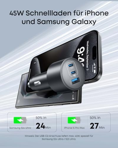 167,5W Zigarettenanzünder USB C, 3-Port Typ-C Auto Schnellladegerät