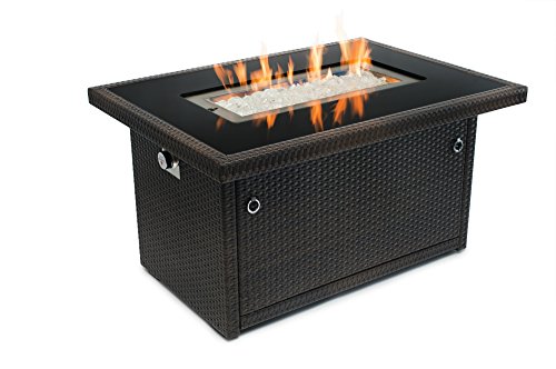 Outland Living Series 401 Brown 44-Inch Outdoor Propane Gas Fire Pit Table, Black Tempered Tabletop w/Arctic Ice Glass Rocks and Resin Wicker Panels, Espresso Brown/Rectangle