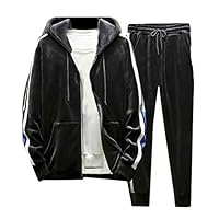 Joe Wenko Men Sport Velour Hooded Casual Sweatshirt and Pants 2 Piece Sweatsuit Set Black M