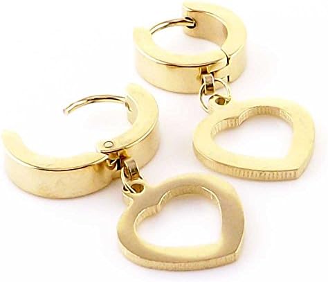 Gold Surgical Steel Huggie Hoop Earring with Dangle Heart (Pair) to fit Standard Ear Piercing