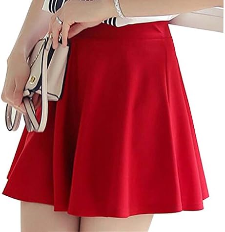 F2Y Women's Basic Solid Color Stretchy Flared Casual Mini Skater Skirt (XL, Red)