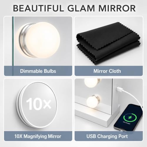 Hcosmy Vanity Mirror with Lights Lighted Makeup Mirror with 15 Dimmable LED Bulbs,3 Color Lighting Modes,USB Charging Port Touch Control,Sturdy Metal Frame Design 24x18 Inch