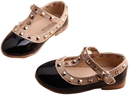 Ubesta New Fashion Girl Kids Toddler's Sandals Rivet T-strap Flats Pointed Toe Shoes,Black,24
