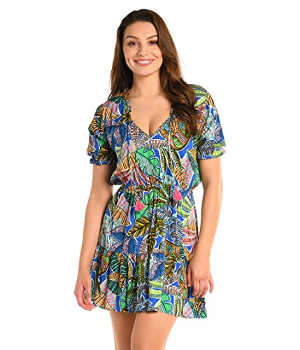 La Blanca Women’s Short Sleeve Mini Dress Swimsuit Cover Up, Multi//Neon Nights, Medium