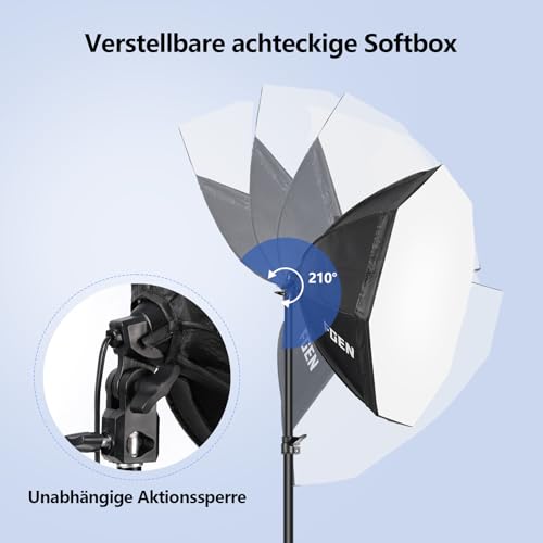 FGen 120W Octogonal Softbox with 3000-6500K LED Bulb, 2M Thicker Light Stand, Suitable for Studio Photography, Youtube and TikTok Video Recording.
