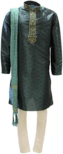 Krishna Sarees MKP9003 Green and Gold Men's Kurta Pyjama Indian Suit Bollywood Sherwani