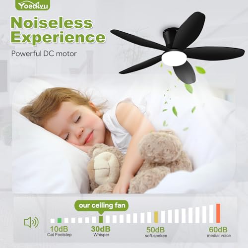 Yoedivu Black Ceiling Fan with Light, 42 Inch Low Profile Flush Mount Ceiling Fan 6-Speed Wind, Quiet Reversible DC Motor, 3 Color Dimmable Lighting, Small Ceiling Fan for Living Room/Kitchen/Bedroom