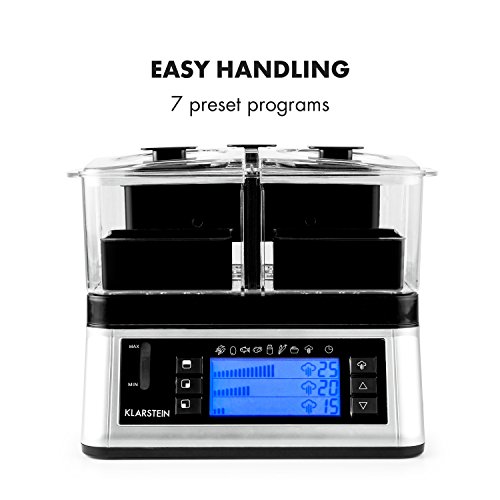 KLARSTEIN Electric Food Steamer, 1500 W, 7 Programs, 1 x Large and 2 x Small Cooking Chambers
