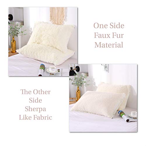 MooWoo Fluffy Pillowcase Standard Size Set of 2, Creamy White, Sherpa Shaggy Pillow Cases Decorative Covers with Zipper, 20"x30"