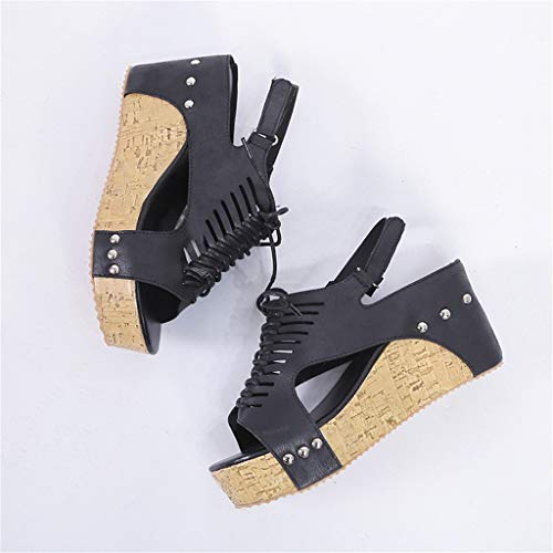 Womens Peep Toe Sandals, Wedges Platforms Shoes Beach Breathable Sandals Rome Elastic Strap Casual Slippers (9.5 B(M) US, Black) - Thumbnail 4