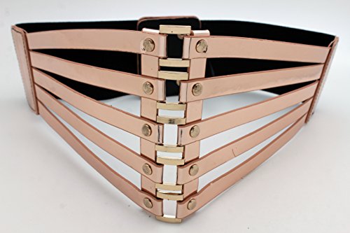 TFJ Women Fashion Wide Corset Belt High Waist Rose Gold Faux Leather Stretch Waistband S M