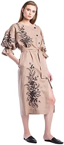 ETNODIM Woman Embroidered Linen Ukrainian Dress Vyshyvanka Ethnic Long Sleeve Green Beige Dress