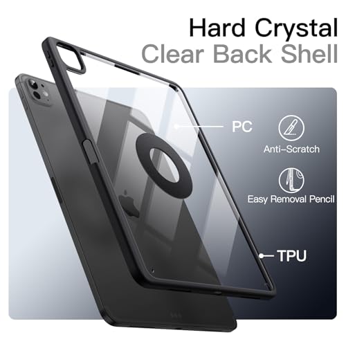 JETech Detachable Magnetic Case for iPad Pro 11 Inch M5/M4 (2025/2024) with Pencil Holder, Removable Rotating Clear Case, Portrait/Landscape Stand (Black)