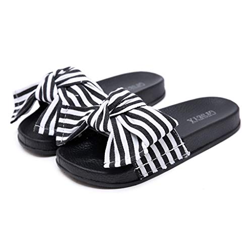 TOTOD Women Flats Slipper Sale - Fashion Stripe Bow Knot Beach Shoes Casual Home Slippers Flat Sandals Black