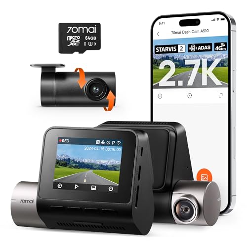 70mai Dashcam Auto Vorne Hinten A510, 2.7K 1944P+1080P Dash Cam STARVIS 2 Dual HDR Nachtsicht, Autokameras mit Parküberwachung, GPS, G-Sensor, ADAS, L