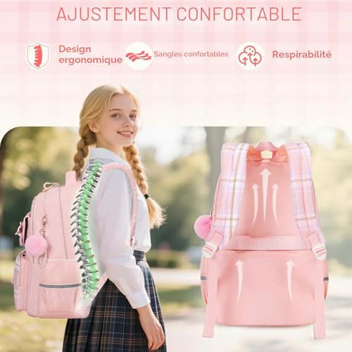 Tanou Girls Primary School Bag, Waterproof Daypack School Backpack for Teens, Kawaii Checked School Bag for Girls 9-16 Years Old for Travel