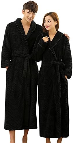 Hegodon Mens Womens Fleece Warm Matching Couples Long Flannel Robe Bathrobe Black X-Large