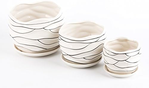 Ceramic Garden Flower Pots with Saucers Set of 3 Small to Medium Sized Round Modern Thread Design , White - heropoint