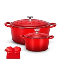 Enameled Cast Iron Dutch Oven Set with Lids, 2pcs Cast Iron Pot, 6QT & 1.5QT Enamel Cookware Pot, Red Enameled Cast Iron Dutch Oven Set with Lids, 2pcs Cast Iron Pot, 6QT & 1.5QT Enamel Cookware Pot, Red