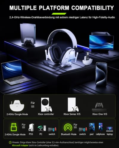Wireless Gaming Headset for Xbox Series X|S|One, PC, PS5, PS4, Switch, 2.4GHz and Bluetooth 5.4 Headset Wireless with Microphone, Low Latency Noise Cancelling, Foldable, with LED Light, 60 Hours