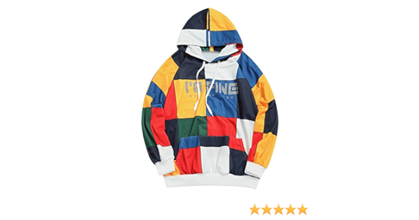 square color block letter pocket hoodie