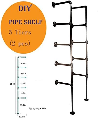 Industrial Retro Wall Mount Iron Pipe Shelf Hung Bracke 5Tiers DIY Storage Shelving Bookshelf (2 pcs)
