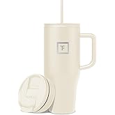 IRON °FLASK Co-Pilot Insulated Mug w/Straw & Flip Cap Lids - Cup Holder Bottle for Hot, Cold Drink - Leak-Proof - Water, Coffee Portable Travel Mug - Cashmere Cream, 32 Oz