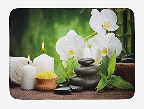 WYICPLO Spa Bath Mat, Zen Stones with Orchid and Candles Green Plants at The Background Print, Plush Bathroom Decor Mat with Non Slip Backing, 23.6 W X 15.7 W Inches, White Green and Black