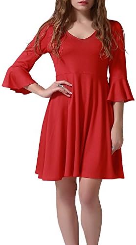 Talever Women's V-Neck A Line Cocktail Flowy Party Tank Flared Maxi Casual Dress with Bell Sleeve Red(Knee length Dress)M