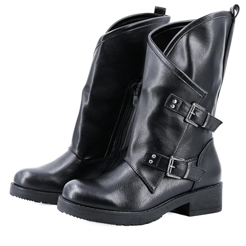 JOMIX Women's Biker Boots with Side Buckles – Faux Leather Ankle Boots with Zip, Casual and Chic