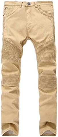 DEIOP Men's Khaki Biker Slim Skinny Ripped Distressed Runway Fit Denim Jeans W32