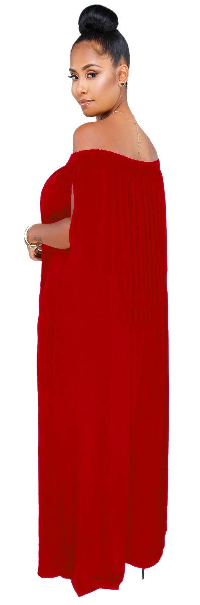 Women Casual Loose Off Shoulder Wide Leg Pants Long Rompers with Pocket Red L