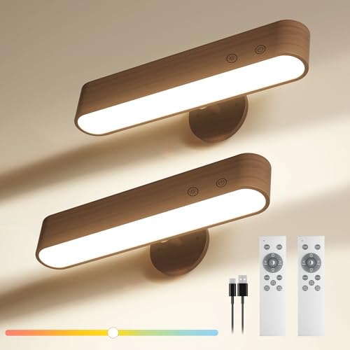 Ufanore Lampara de Pared, Juego de 2 Apliques de Pared Recargable y Inalámbricas, Madera LED Iluminación de Pared Magnético 360° con Control Remoto y Táctil, 3 CCT, 5 Niveles 15 Colores RGB, Nogal