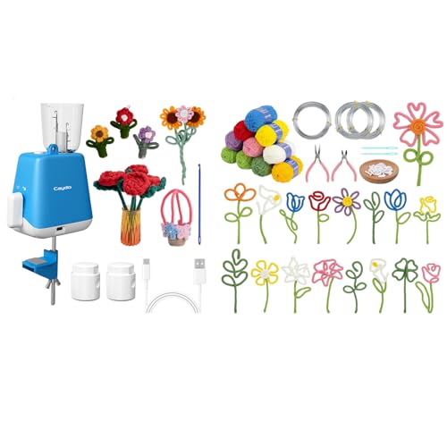 Caydo Electric iCord Knitting Machine and i Cord Flower Making Kit with 20 Flowers & 4 Leaves Templates, 10pcs Yarn and 82ft Craft Wire Kits for Beginner