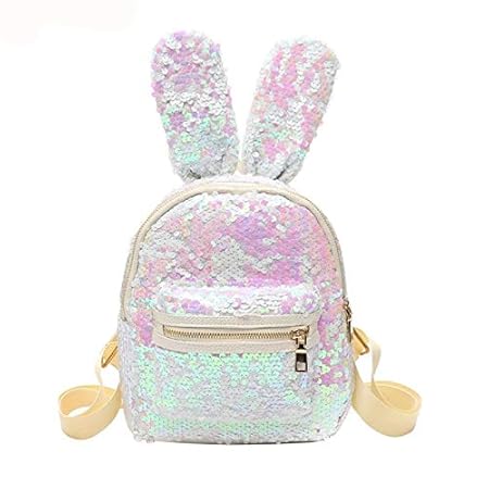 MOCA Rabbit Sequins Bag Womens Little Kid Girls Girl Mini Small Travel Daypack Casual Backpack Backpacks Backbag for Womens Womens Girls Kids Backpacks Shoulder Bag (White)