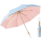 LCY Compact Umbrella Folding Anti-UV Parasol with Wooden Handle Sunproof Rainproof & Windproof Umbrella